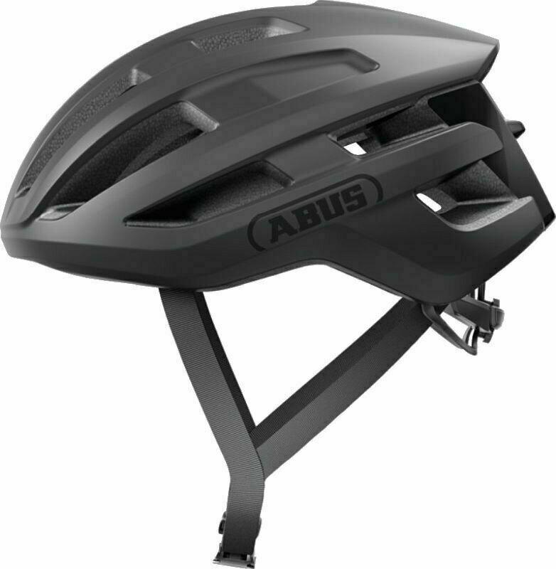 Velvet black Abus Powerdrome road bike helmet featuring a sleek aerodynamic design, ventilation slots, and adjustable straps for a secure fit.