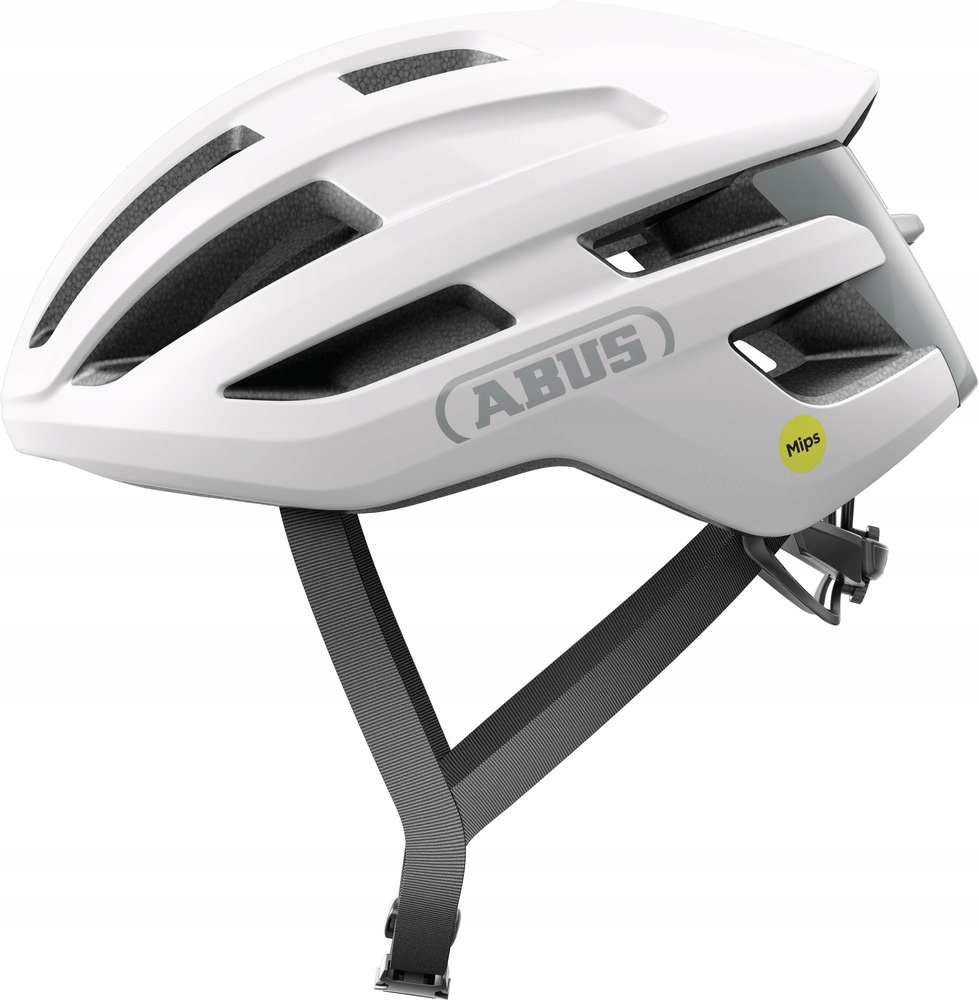 White Abus PowerDome helmet with MIPS technology, featuring a sleek design, multiple ventilation slots, adjustable straps, and a prominent ABUS logo on the side.