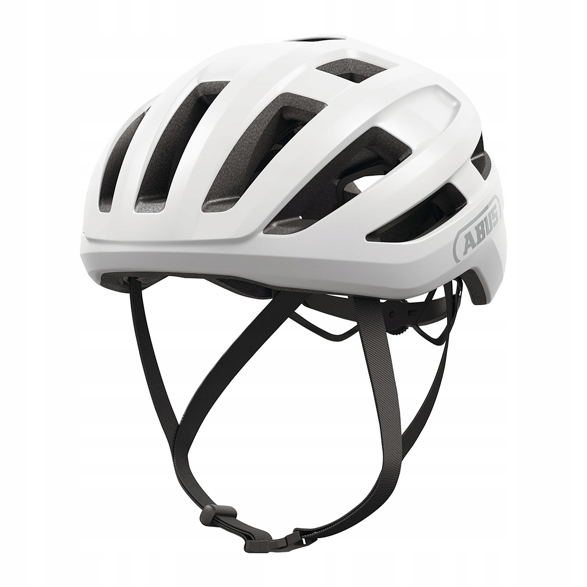 White Abus Powerdome Mips road cycling helmet featuring multiple ventilation slots, a sleek design, adjustable straps, and a lightweight construction for enhanced comfort and safety.