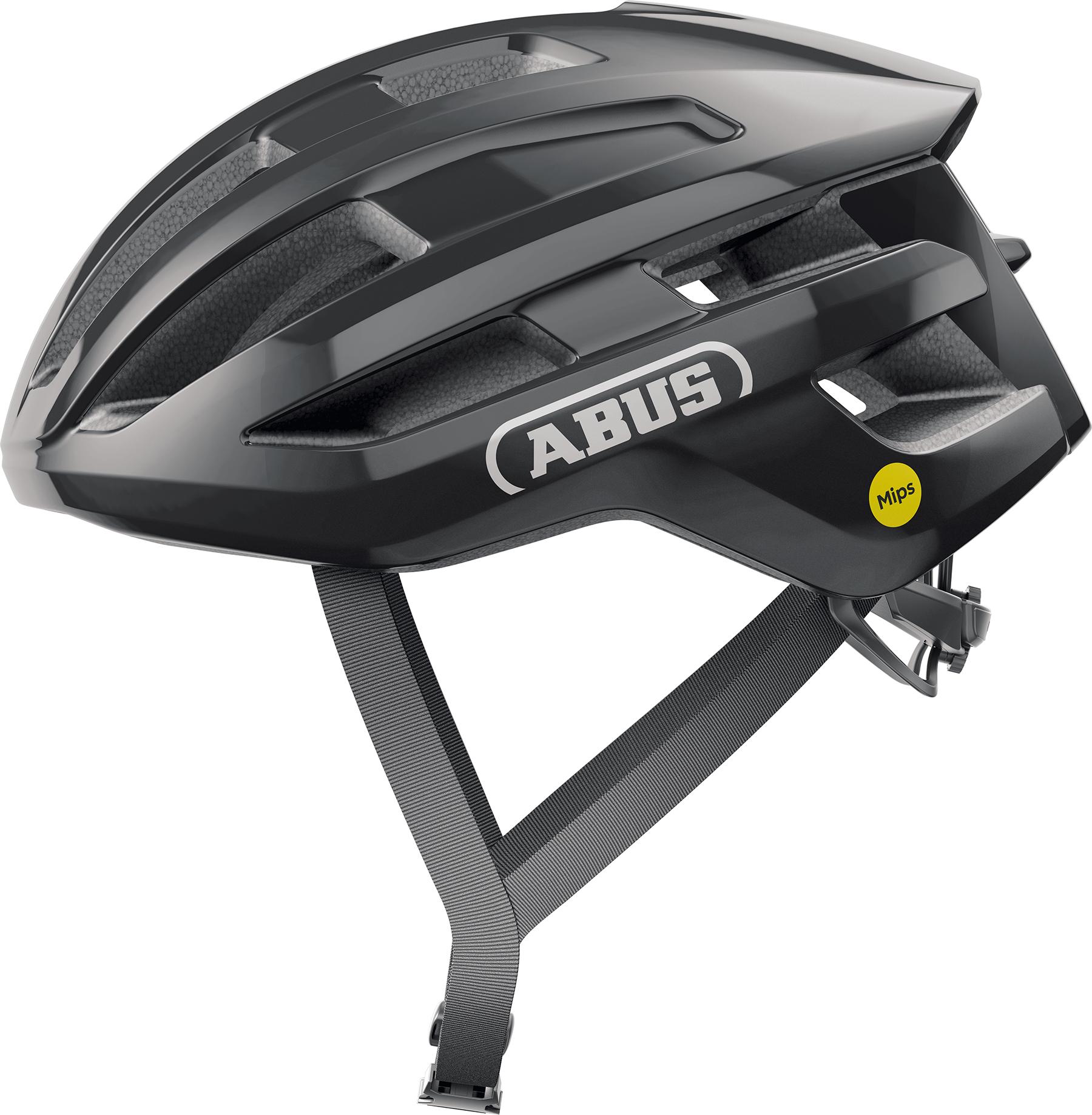 Black ABUS Power Dome MIPS helmet featuring a sleek design, ventilation slots, adjustable straps, and the MIPS logo for enhanced safety.