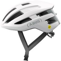 White Abus Powerdome Mips road cycling helmet with aerodynamic vents and adjustable gray straps.