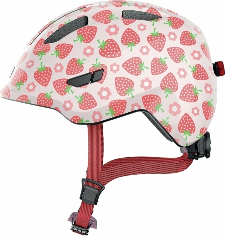 Rose strawberry-patterned kids' helmet with a glossy finish, featuring ventilation holes, adjustable straps, and a secure buckle, designed for safety and style.