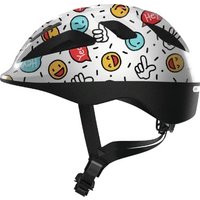 White Abus Smooty 2.0 kids cycling helmet with colorful emoji pattern and black adjustable straps.