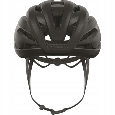 Black Abus StormChaser ACE helmet in size L, featuring a sleek design, multiple ventilation slots, adjustable straps, and a lightweight construction for optimal comfort and safety.