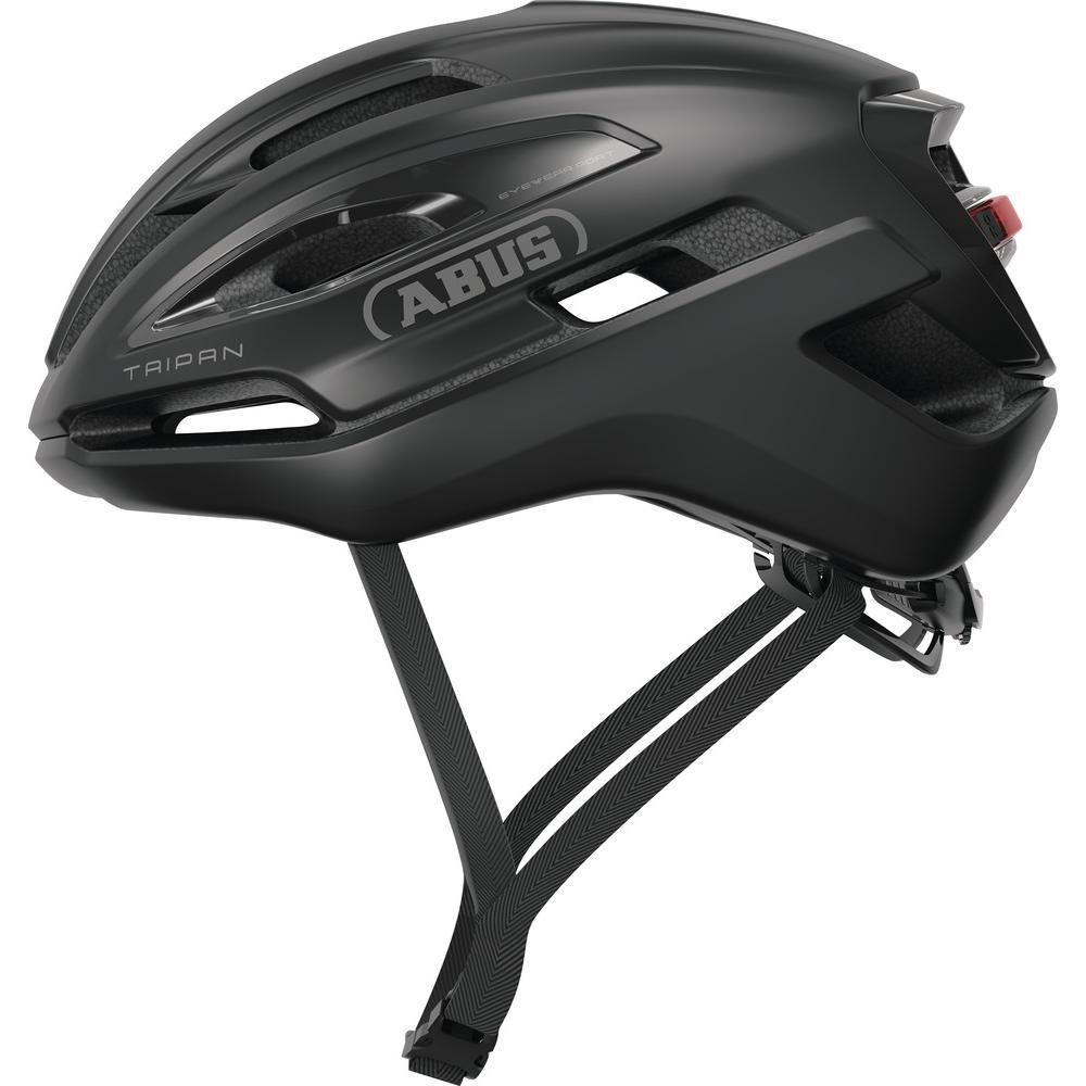 Black Abus Taipan LED helmet in size M, featuring aerodynamic design, ventilation slots, adjustable straps, and a rear LED light for enhanced visibility.
