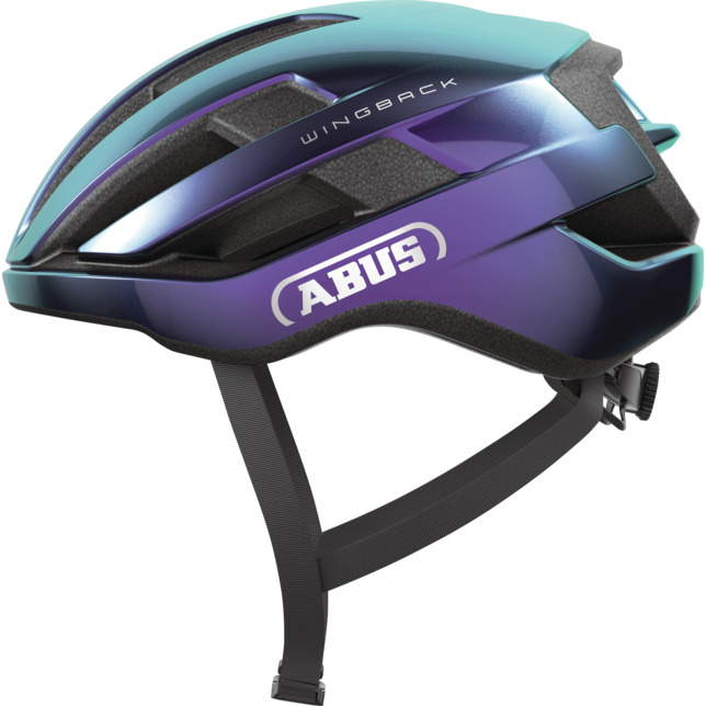 Stylish Abus Wingback helmet in a gradient of blue and purple, featuring a sleek aerodynamic design, adjustable straps, and ventilation openings for comfort.