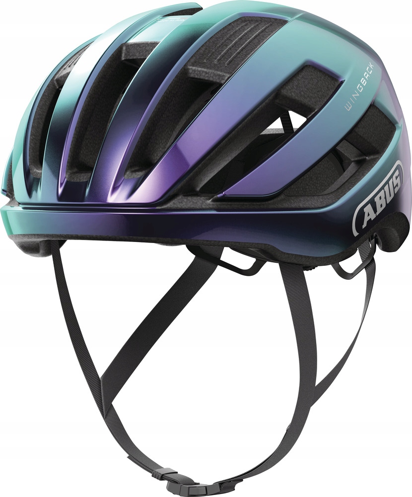 Sleek, aerodynamic Abus WingBack helmet in a gradient of blue to purple, featuring multiple vents, adjustable straps, and a lightweight design for optimal comfort and safety.