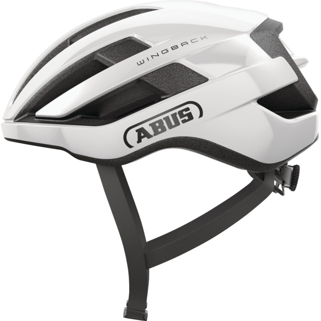 White Abus Wingback helmet featuring a sleek aerodynamic design, ventilation slots, and adjustable straps for a secure fit.