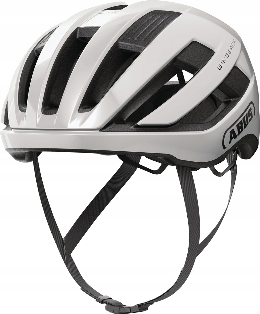 Shiny white Abus WingBack S bike helmet featuring multiple ventilation slots, adjustable straps, and a sleek aerodynamic design.