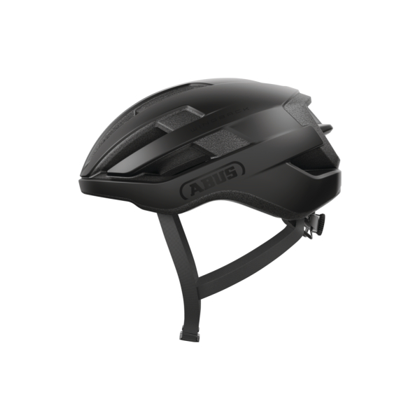 Black Abus Wingback helmet featuring a sleek aerodynamic design, adjustable straps, and ventilation slots for comfort during cycling.