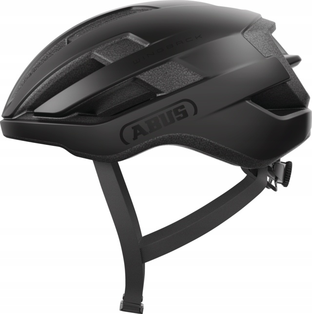 Black Abus WingBack helmet featuring a sleek aerodynamic design, adjustable straps, and ventilation slots for enhanced airflow.