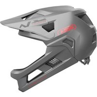Gray Abus YouDrop Kids Full Face MTB Helmet with angular vents and red accents, featuring a chin guard and visor.