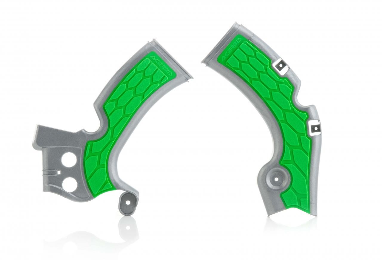 Silver and green Acerbis X-Grip frame guards designed for Kawasaki KXF450 (2009-2018), featuring a textured grip surface and durable plastic construction.