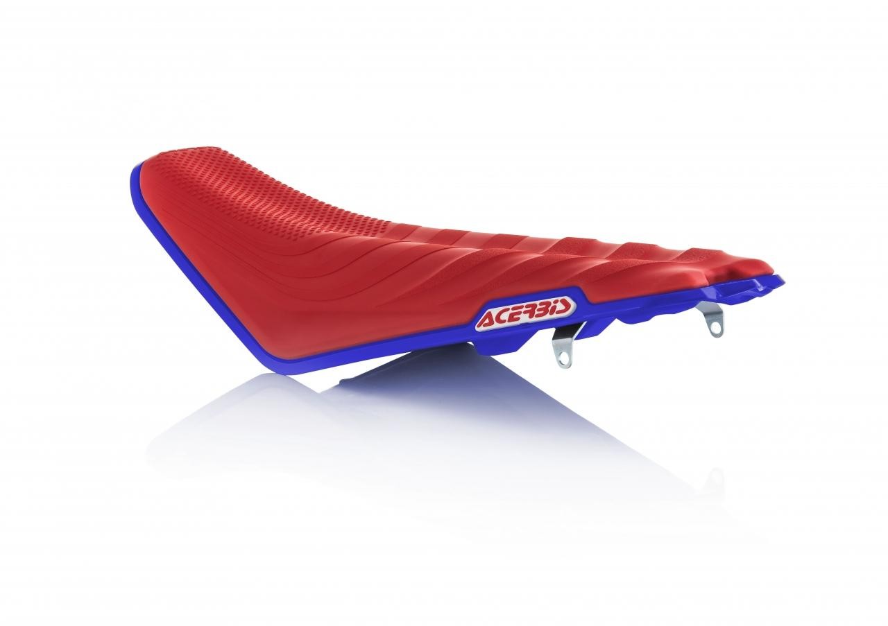 Acerbis X-Seat complete soft seat in red and blue, featuring a textured surface and contoured design, compatible with Honda CRF250R 2018-21 and CRF450R 2017-20 models.
