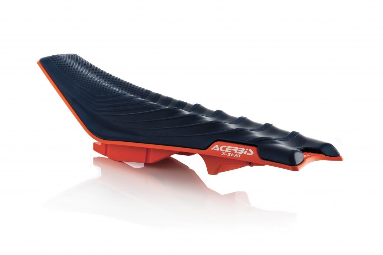 Acerbis X-Seat in blue with textured grip surface, designed for KTM EXC/EXC-F 2017-19 and SX/SXF 2016-18, featuring a sleek, ergonomic shape and vibrant orange base.
