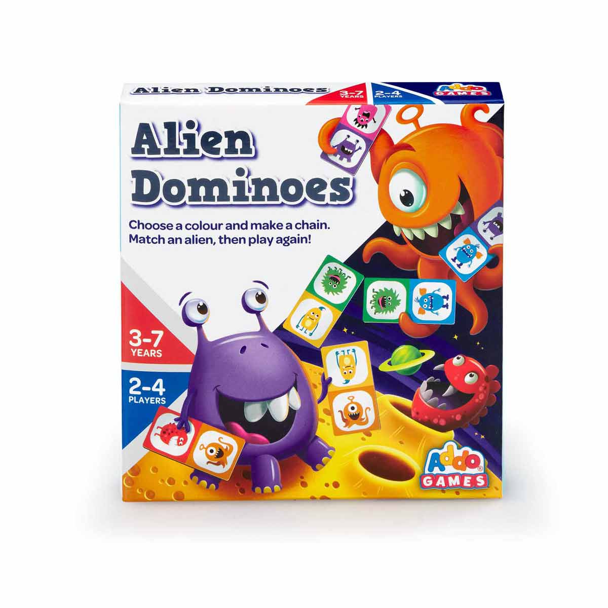 Colorful box featuring the "Alien Dominos" game with playful alien characters, bright orange and purple hues, and a whimsical design, suitable for 2-4 players aged 3-7 years.