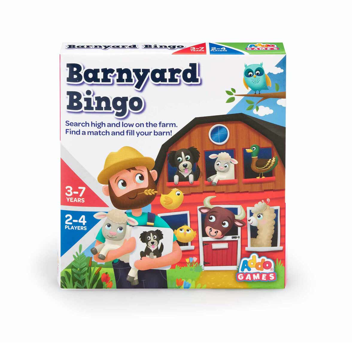 Colorful box featuring a red barn, cartoon animals, and a farmer; includes game title "Barnyard Bingo" and age/players info; suitable for 3-7 years, 2-4 players.