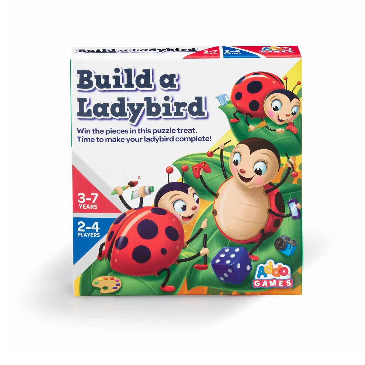 Colorful box featuring cartoon ladybirds and children, with game title "Build a Ladybird," suitable for 2-4 players aged 3-7, set against a vibrant green background.