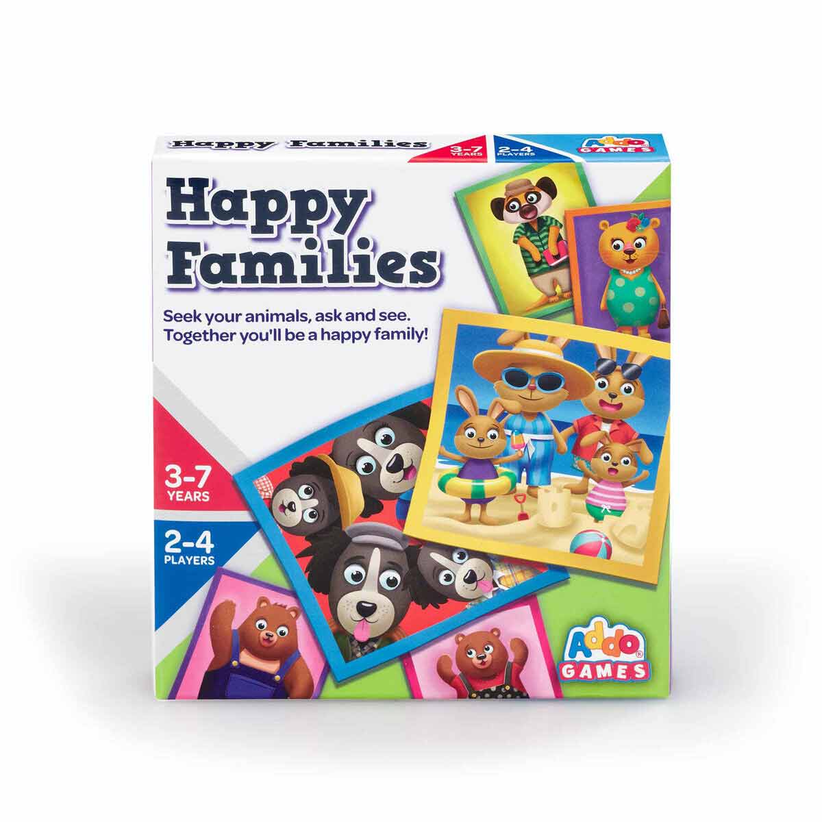Colorful box featuring the "Happy Families" card game by Addo Toys, with playful animal illustrations, age range 3-7, and designed for 2-4 players.