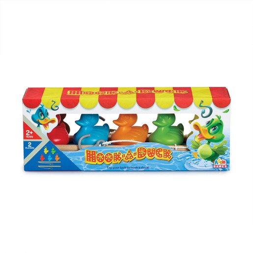 Colorful plastic ducks in blue, orange, green, and yellow float on a blue water background, packaged in a vibrant box labeled "Hook-a-Duck" with playful graphics.