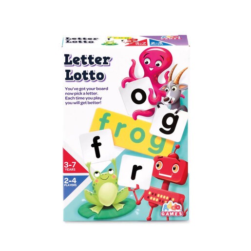 Brightly colored box featuring the "Letter Lotto" card game by Addo Toys, with playful illustrations of a frog, octopus, goat, and robot, suitable for ages 3-7 and 2-4 players.