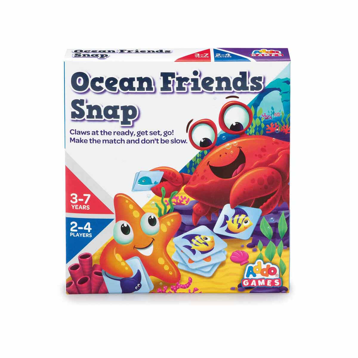 Colorful game box featuring a cartoon crab and starfish, with vibrant underwater graphics, labeled "Ocean Friends Snap," designed for 2-4 players aged 3-7 years.