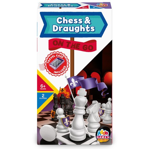 Colorful box featuring "Chess & Draughts On The Go" branding, with a travel case icon, showcasing a chessboard and pieces in black and white, suitable for ages 6 and up.