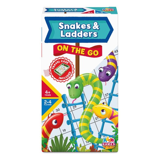 Colorful travel box for "Snakes and Ladders" game featuring vibrant snakes and ladders design, suitable for 2-4 players aged 4+, includes a travel case.