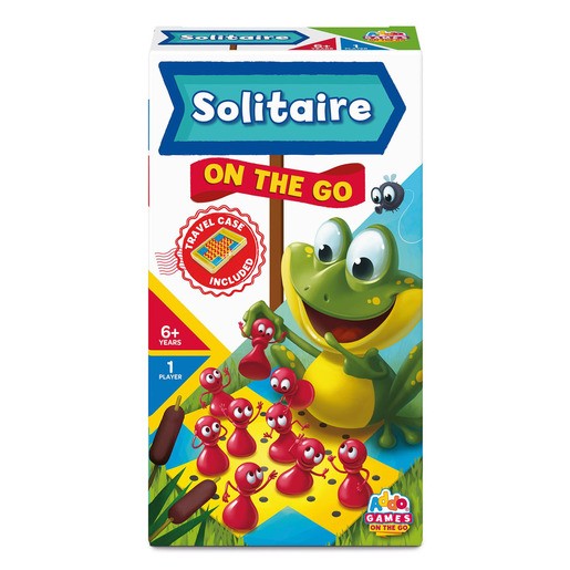 Colorful travel case for "Solitaire On The Go" featuring a smiling frog and red game pieces, designed for one player, suitable for ages 6 and up.