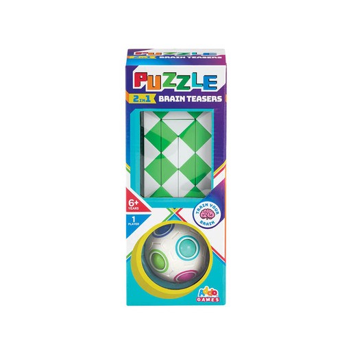 Colorful packaging featuring a green and white checkered puzzle design, with a round puzzle ball in vibrant colors, labeled as "2in1 Brain Teasers" for ages 6 and up.
