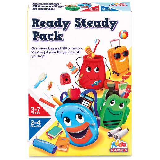 Colorful box featuring cartoon characters and various bags, labeled "Ready Steady Pack," designed for 2-4 players aged 3-7, with playful graphics and bright colors.