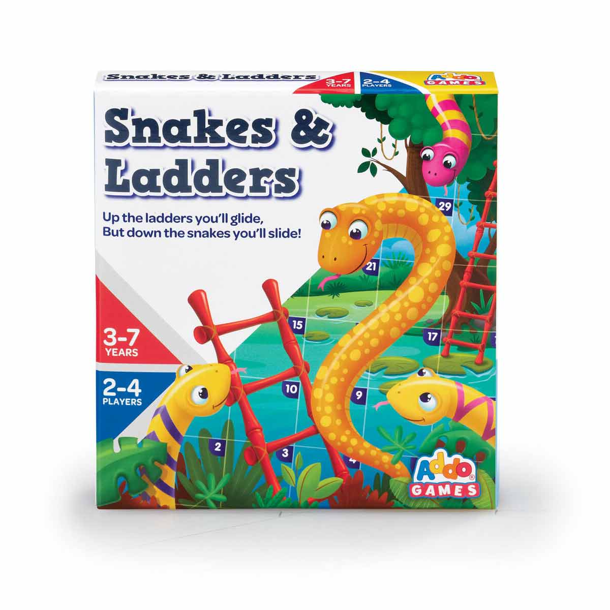 Colorful game box featuring "Snakes & Ladders" title, vibrant illustrations of snakes and ladders, suitable for ages 3-7, designed for 2-4 players, by Addo Toys.