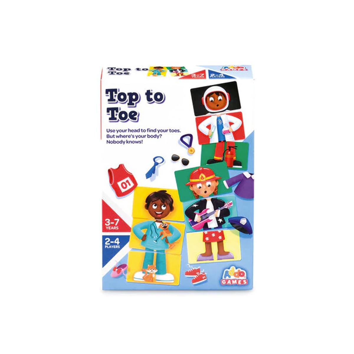 Colorful game box featuring cartoon characters in various outfits, with playful illustrations and the title "Top to Toe," designed for 2-4 players aged 3-7 years.