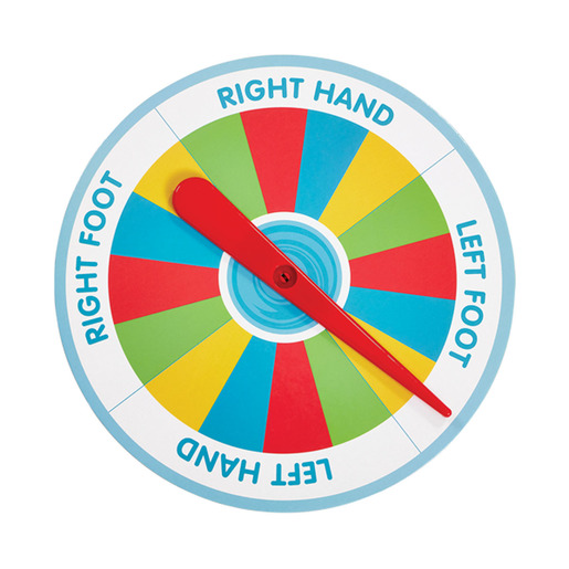 Colorful spinning game board featuring sections in red, yellow, green, and blue, with a red spinner and labeled areas for hands and feet.