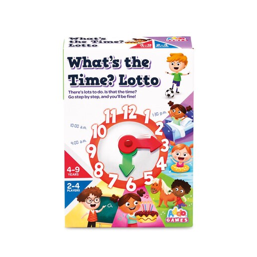 Colorful game box featuring a clock face with movable hands, playful illustrations of children, and the title "What's the Time? Lotto" prominently displayed. Suitable for ages 4-9.