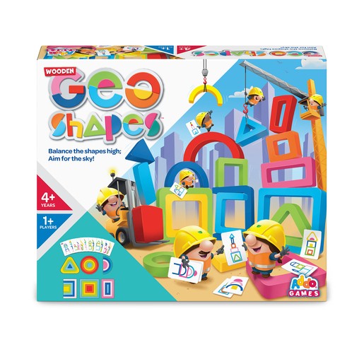 Colorful wooden geometric shapes in various colors and sizes, featuring a playful construction theme with cartoon characters in hard hats, designed for balancing and stacking.