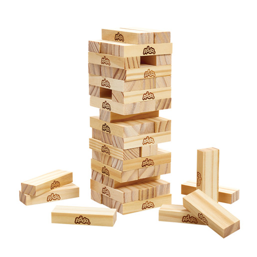 Wooden blocks in natural wood color, featuring the Addo logo, stacked in a tower with additional blocks scattered around, designed for balancing and stacking games.