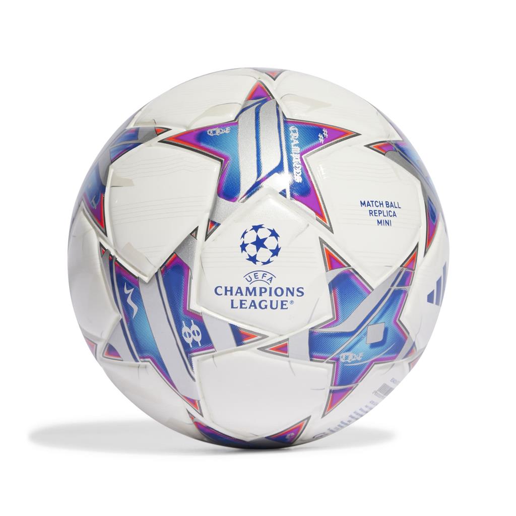 Adidas Champions League Mini Football 2023-2024 in white with blue and purple star designs, featuring the UEFA Champions League logo and "match ball replica" text.