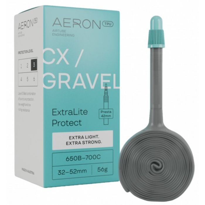 Gray TPU inner tube for CX/Gravel bikes, 65mm Presta valve, packaged in a light blue box with white text highlighting its lightweight and strong features.