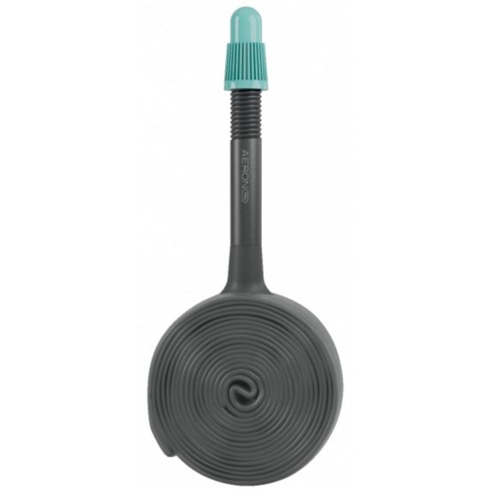Black TPU inner tube coiled in a spiral with a turquoise valve, designed for CX and gravel racing, featuring a 42mm length for optimal performance.