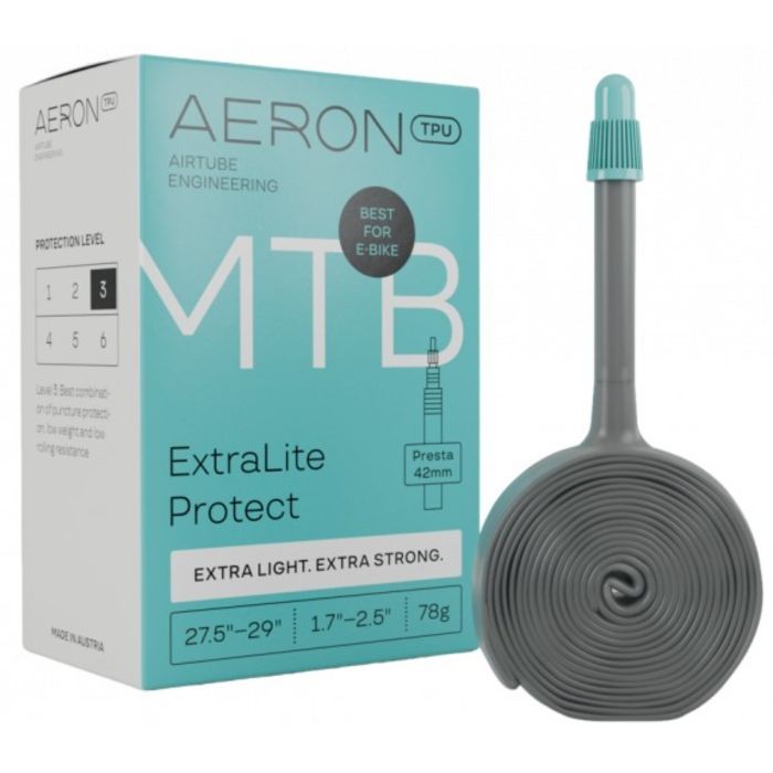 Aeron MTB ExtraLite Protection Inner Tube in a coiled design, grey TPU material, with a Presta valve, packaged in a light blue and white box featuring product details and specifications.