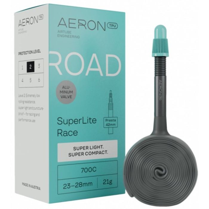 Aeron Road SuperLite Race inner tube in a spiral shape, featuring a turquoise Presta valve, designed for 28-32c tires, made from lightweight TPU material.