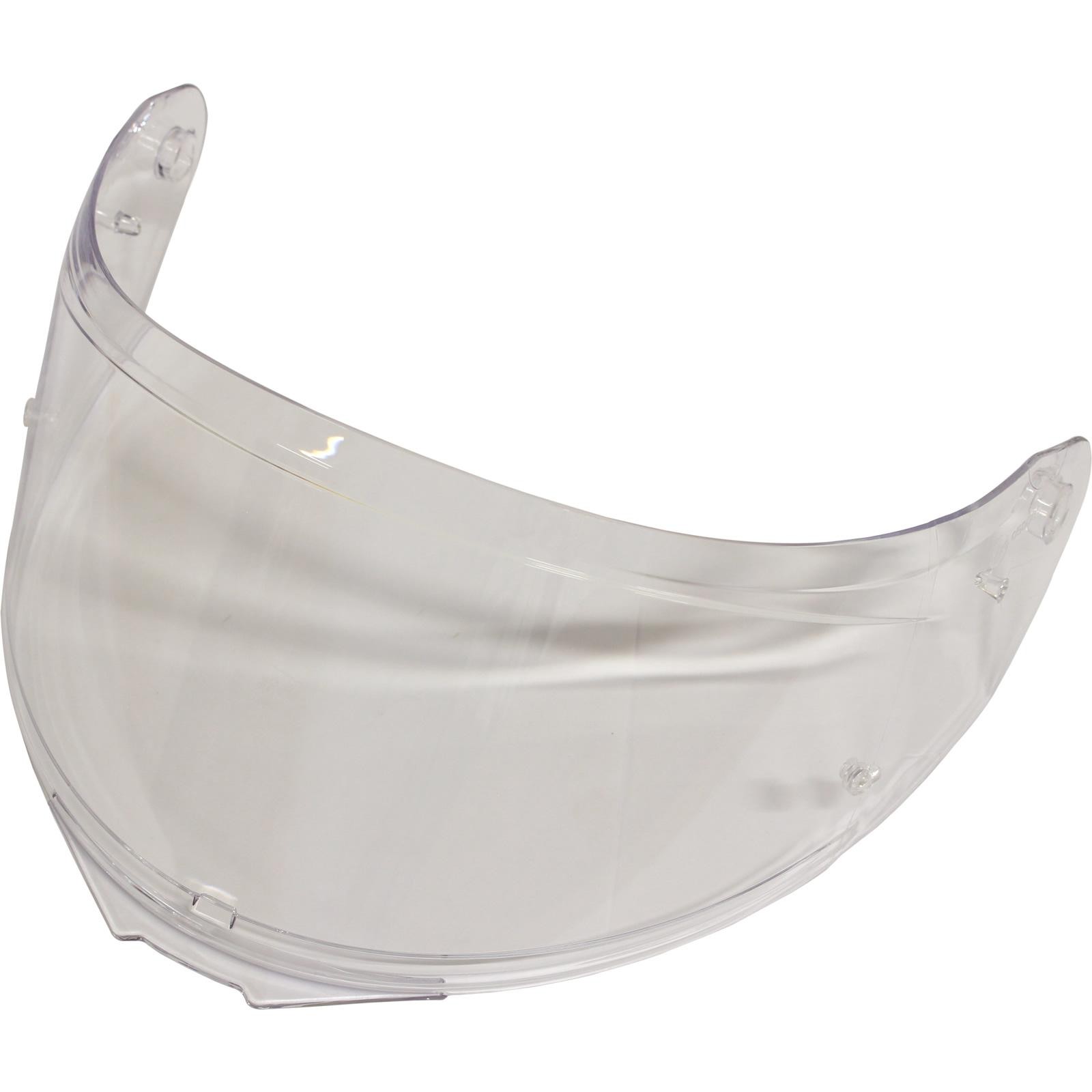 Clear, curved visor made of durable plastic, featuring mounting points for attachment, designed for use with Agrius helmets.