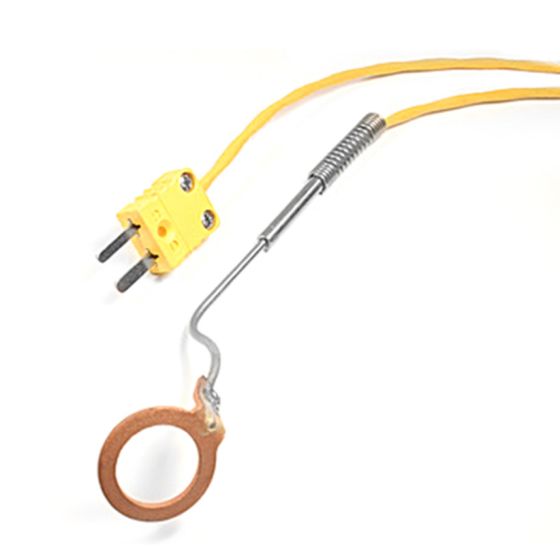 Yellow thermocouple with a metal probe and a circular attachment, designed for measuring cylinder head temperature in karting applications.