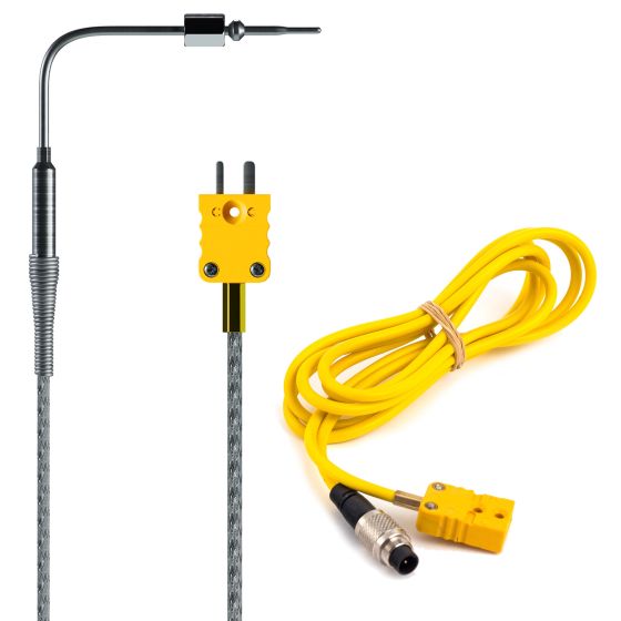 AIM Motorsport Exhaust Gas Temperature (EGT) Kart Sensor featuring a flexible metal probe, yellow thermocouple connector, and a coiled yellow cable for easy installation.