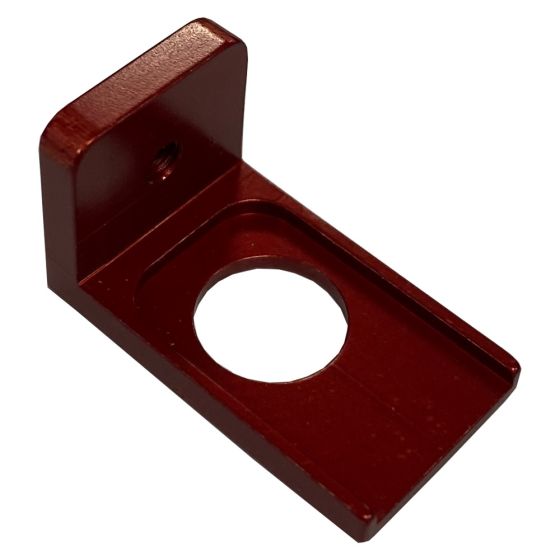 Red aluminum magnet bracket designed for OTK brake position sensor, featuring a circular cutout and a mounting hole for secure attachment.
