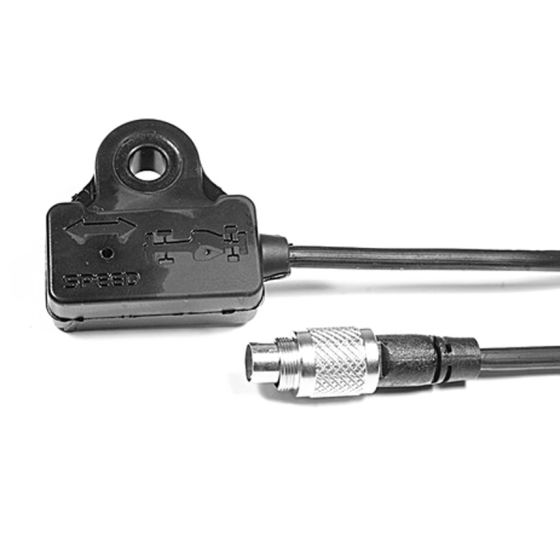 Black plastic timing receiver with a magnetic base, featuring directional arrows and a cable with a silver connector for easy attachment.