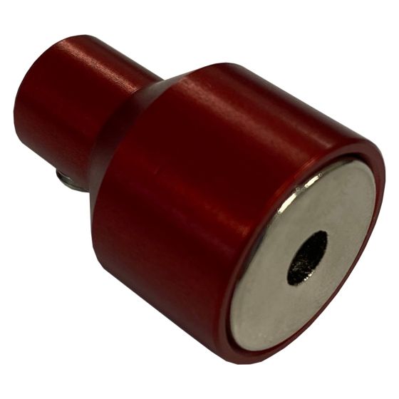 Red aluminum magnet holder with a shiny silver base, designed for securing a throttle position sensor, featuring a cylindrical shape and a central hole for attachment.