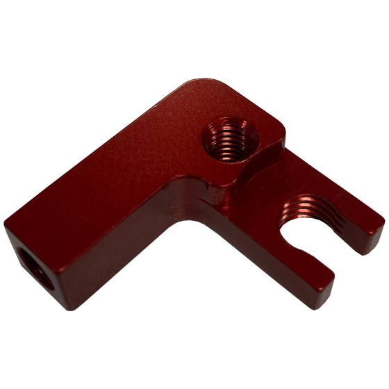 Red aluminum sensor holder designed for throttle position sensors, featuring a threaded hole and a cutout for secure attachment.