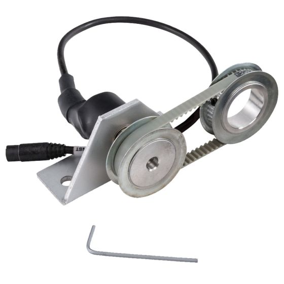 AIM Motorsport steering angle sensor features a silver metal body with a belt-driven pulley system, a black connector cable, and includes an L-shaped hex key for installation.